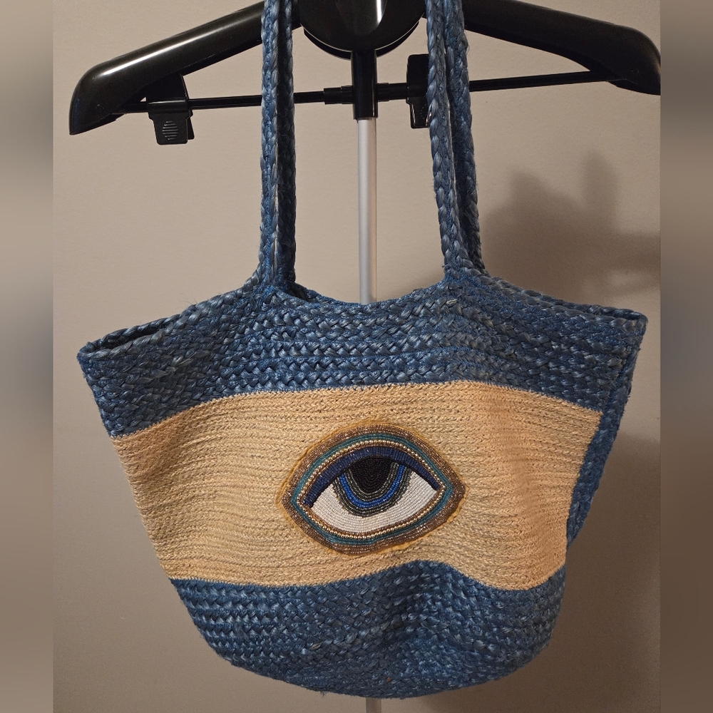 Ojo Blue and Tan Woven Tote Bag with Beaded Eye Design
